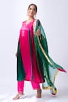 House Of Pink_Pink Modal, Silk, Organza Embroidery, Zari V-neck Rani Kurta Set _at_Aza_Fashions