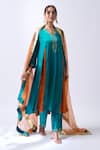 Buy_House Of Pink_Teal Modal, Silk, Organza Embroidery, Zari V-neck Deep Kurta Set _at_Aza_Fashions