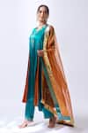House Of Pink_Teal Modal, Silk, Organza Embroidery, Zari V-neck Deep Kurta Set _at_Aza_Fashions