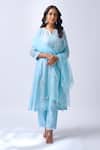 Buy_House Of Pink_Blue Chanderi, Organza Embroidery, Pearls Collared Powder Kurta Set _at_Aza_Fashions