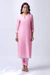 House Of Pink_Pink Chanderi, Modal, Silk, Organza Pearls V-neck Powder Embroidered Kurta Set _at_Aza_Fashions