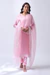 Buy_House Of Pink_Pink Chanderi, Modal, Silk, Organza Pearls V-neck Powder Embroidered Kurta Set _at_Aza_Fashions
