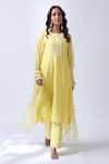Buy_House Of Pink_Yellow Chanderi, Organza Embroidery, Pearls Round Neck Baby Kurta Pant Set _at_Aza_Fashions