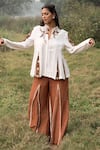 Buy_Kushani_Ivory Linen, Silk, Cotton Embroidery Round Neck Jacket And Mocha Brown Trouser Set _at_Aza_Fashions