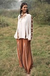 Kushani_Ivory Linen, Silk, Cotton Embroidery Round Neck Jacket And Mocha Brown Trouser Set _at_Aza_Fashions
