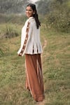 Shop_Kushani_Ivory Linen, Silk, Cotton Embroidery Round Neck Jacket And Mocha Brown Trouser Set _at_Aza_Fashions