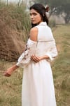 Shop_Kushani_Ivory Linen, Silk, Cotton Beads Round Neck Floral Embroidered Dress _at_Aza_Fashions