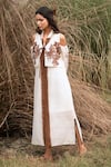 Buy_Kushani_Ivory Linen, Silk, Cotton Beads Round Neck Floral Embroidered Dress _at_Aza_Fashions
