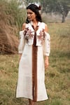 Buy_Kushani_Ivory Linen, Silk, Cotton Beads Round Neck Floral Embroidered Dress _Online_at_Aza_Fashions