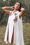 Kushani_Ivory Linen, Silk, Cotton Beads, Embroidery Collared Floral Dress _Online_at_Aza_Fashions