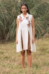 Shop_Kushani_Ivory Linen, Silk, Cotton Beads, Embroidery Collared Floral Dress _at_Aza_Fashions