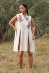 Buy_Kushani_Ivory Linen, Silk, Cotton Beads, Embroidery Collared Floral Dress _at_Aza_Fashions