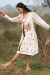 Shop_Kushani_Ivory Linen, Silk, Cotton Beads, Embroidery Notched Neck Midi Dress _Online_at_Aza_Fashions