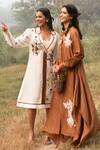 Buy_Kushani_Brown Linen, Silk, Cotton Beads, Embroidery V-neck Mocha Floral Kaftan _Online_at_Aza_Fashions