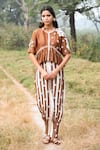 Buy_Kushani_Brown Linen, Silk Beads, Mocha Cropped Jacket And Ivory Palazzo Pant Set _at_Aza_Fashions