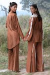 Shop_Kushani_Brown Linen, Silk, Cotton Beads V-neck Mocha Embroidered Jacket And Trouser Set _at_Aza_Fashions