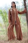 Buy_Kushani_Brown Linen, Silk, Cotton Beads V-neck Mocha Embroidered Jacket And Trouser Set _at_Aza_Fashions