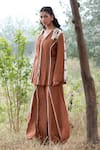 Kushani_Brown Linen, Silk, Cotton Beads V-neck Mocha Embroidered Jacket And Trouser Set _Online_at_Aza_Fashions
