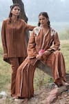 Kushani_Brown Linen, Silk, Cotton Beads V-neck Mocha Embroidered Jacket And Trouser Set _at_Aza_Fashions