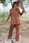 Kushani_Brown Linen, Cotton, Satin Beads, Embroidery Mocha Co-ord Set _Online_at_Aza_Fashions
