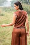 Shop_Kushani_Brown Linen, Satin, Cotton V-neck Mocha Floral Embroidered Vest And Trouser Set _at_Aza_Fashions