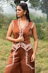 Kushani_Brown Linen, Satin, Cotton V-neck Mocha Floral Embroidered Vest And Trouser Set _Online_at_Aza_Fashions
