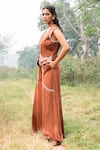Buy_Kushani_Brown Linen, Satin, Cotton V-neck Mocha Floral Embroidered Vest And Trouser Set _Online_at_Aza_Fashions