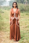 Shop_Kushani_Brown Linen, Satin, Cotton V-neck Mocha Floral Embroidered Vest And Trouser Set _Online_at_Aza_Fashions
