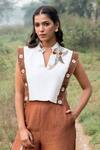 Kushani_Ivory Linen, Silk, Cotton Embroidery Mandarin Crop Top And Mocha Brown Trouser Set _Online_at_Aza_Fashions