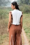 Shop_Kushani_Ivory Linen, Silk, Cotton Embroidery Mandarin Crop Top And Mocha Brown Trouser Set _at_Aza_Fashions