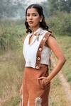 Buy_Kushani_Ivory Linen, Silk, Cotton Embroidery Mandarin Crop Top And Mocha Brown Trouser Set _Online_at_Aza_Fashions
