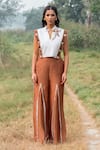 Shop_Kushani_Ivory Linen, Silk, Cotton Embroidery Mandarin Crop Top And Mocha Brown Trouser Set _Online_at_Aza_Fashions