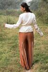 Shop_Kushani_Ivory Satin, Linen Embroidery V-neck Wrap Top And Mocha Brown Trousers _at_Aza_Fashions