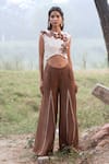 Buy_Kushani_Ivory Linen, Silk Beads, Embroidery Round Neck And Mocha Brown Jumpsuit _Online_at_Aza_Fashions