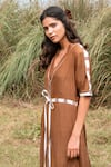 Kushani_Brown Linen, Silk Beads V-neck Mocha Floral Embroidered Dress _Online_at_Aza_Fashions