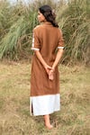 Shop_Kushani_Brown Linen, Silk Beads V-neck Mocha Floral Embroidered Dress _at_Aza_Fashions