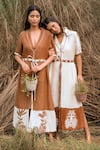 Shop_Kushani_Brown Linen, Silk Beads V-neck Mocha Floral Embroidered Dress _Online_at_Aza_Fashions