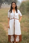 Buy_Kushani_Ivory Linen, Silk Tassels, Embroidery V-neck Floral Dress _Online_at_Aza_Fashions