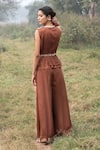 Shop_Kushani_Brown Satin, Linen Beads, Lace V-neck Mocha Peplum Top And Palazzo Set _at_Aza_Fashions