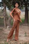 Shop_Kushani_Brown Satin Embroidery, Beads V-neck Mocha Butterfly Wrap Top And Trousers _Online_at_Aza_Fashions