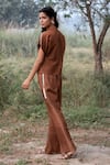 Shop_Kushani_Brown Satin Embroidery, Beads V-neck Mocha Butterfly Wrap Top And Trousers _at_Aza_Fashions