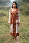 Shop_Kushani_Brown Satin, Linen, Cotton Embroidery, Beads Mocha Floral Blazer And Skirt _at_Aza_Fashions