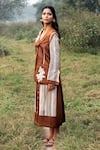 Buy_Kushani_Brown Satin, Linen, Cotton Embroidery, Beads Mocha Floral Blazer And Skirt _Online_at_Aza_Fashions