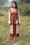 Shop_Kushani_Brown Satin, Linen, Cotton Embroidery, Beads Mocha Floral Blazer And Skirt _Online_at_Aza_Fashions