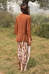 Shop_Kushani_Brown Linen, Silk Embroidery Mandarin Mocha Floral Tunic And Ivory Pant Set _at_Aza_Fashions