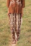 Kushani_Brown Linen, Silk Embroidery Mandarin Mocha Floral Tunic And Ivory Pant Set _Online_at_Aza_Fashions