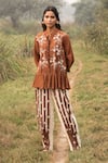 Buy_Kushani_Brown Linen, Silk Embroidery Mandarin Mocha Floral Tunic And Ivory Pant Set _at_Aza_Fashions