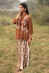 Buy_Kushani_Brown Linen, Silk Embroidery Mandarin Mocha Floral Tunic And Ivory Pant Set _Online_at_Aza_Fashions