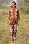 Shop_Kushani_Brown Linen, Silk Embroidery Mandarin Mocha Floral Tunic And Ivory Pant Set _Online_at_Aza_Fashions