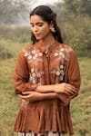 Kushani_Brown Linen, Silk Embroidery Mandarin Mocha Floral Tunic And Ivory Pant Set _at_Aza_Fashions